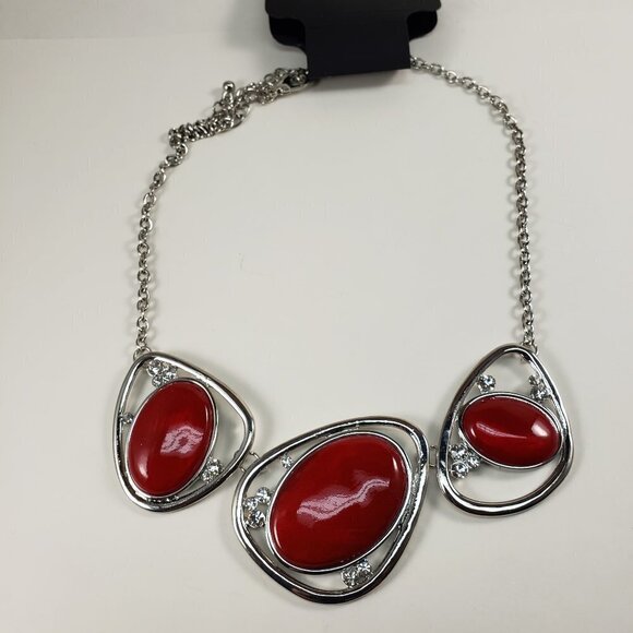 RSVP Silver Tone Statement Necklace – Red Oval Crystals & Hoop Accents – Women’s - Picture 7 of 12